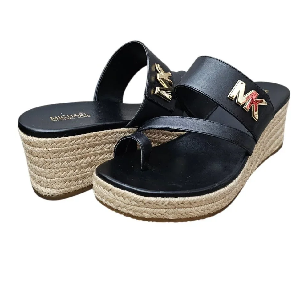 Michael Kors New Women's Jilly Logo Leather Espadrille Wedge Sandals Black 8.5